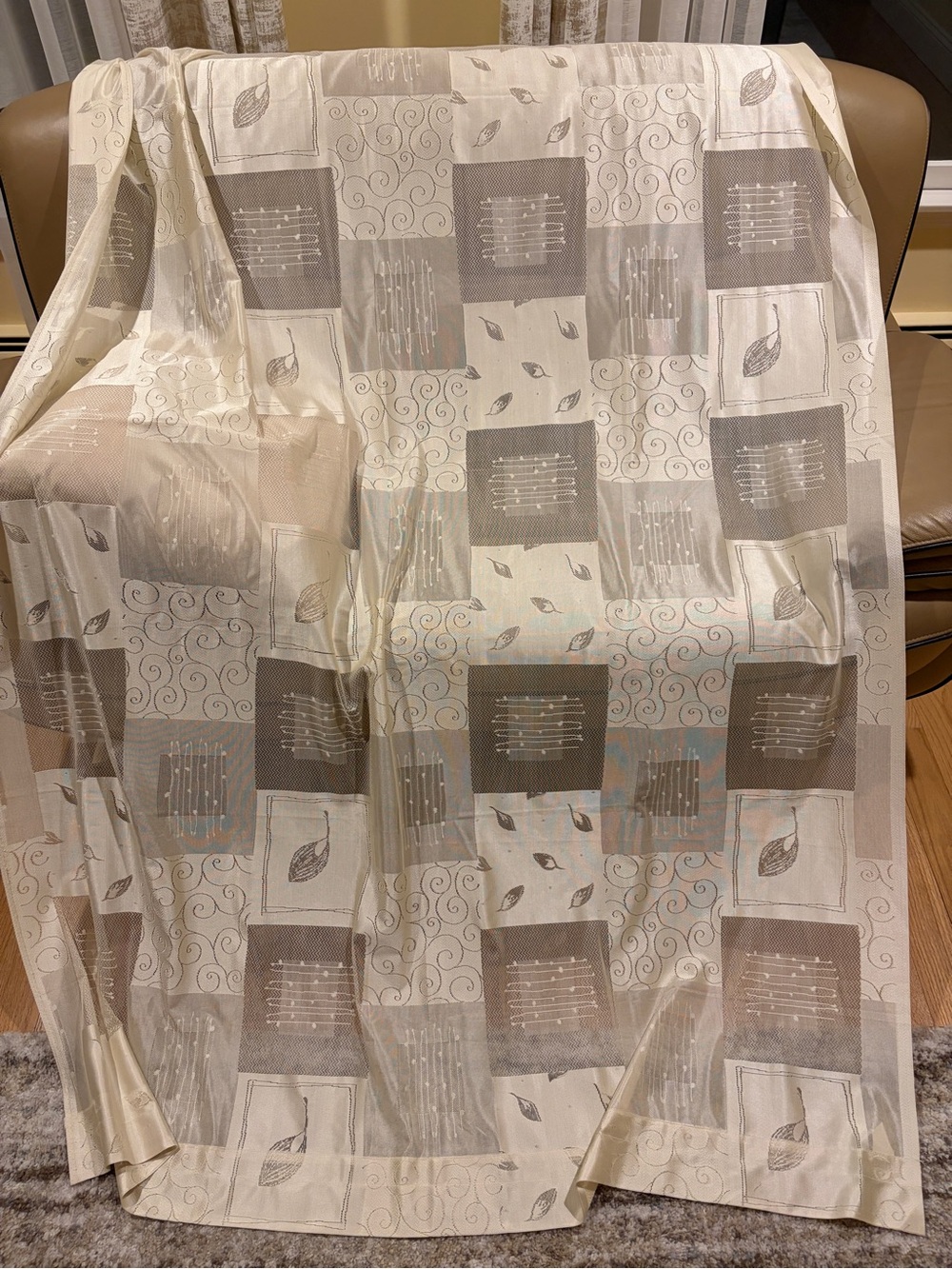 Neutral Leaf & Square Pattern Sheer Panel Curtain - 3 panels. 86 by 56.